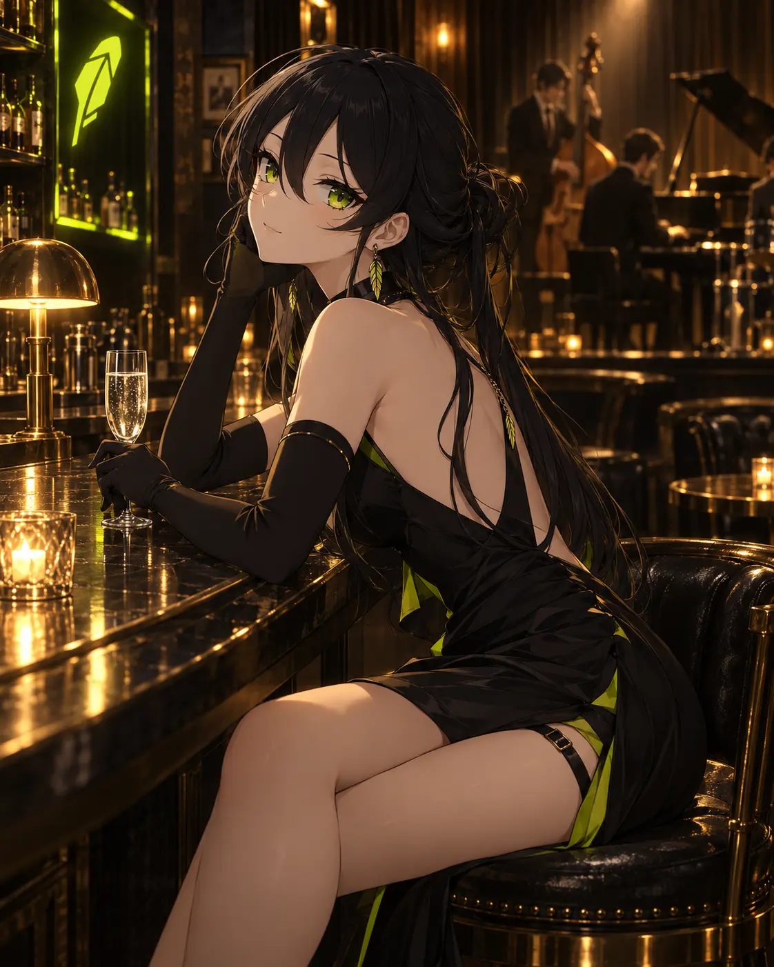 Robinhood-chan at a jazz bar with a glass of champagne