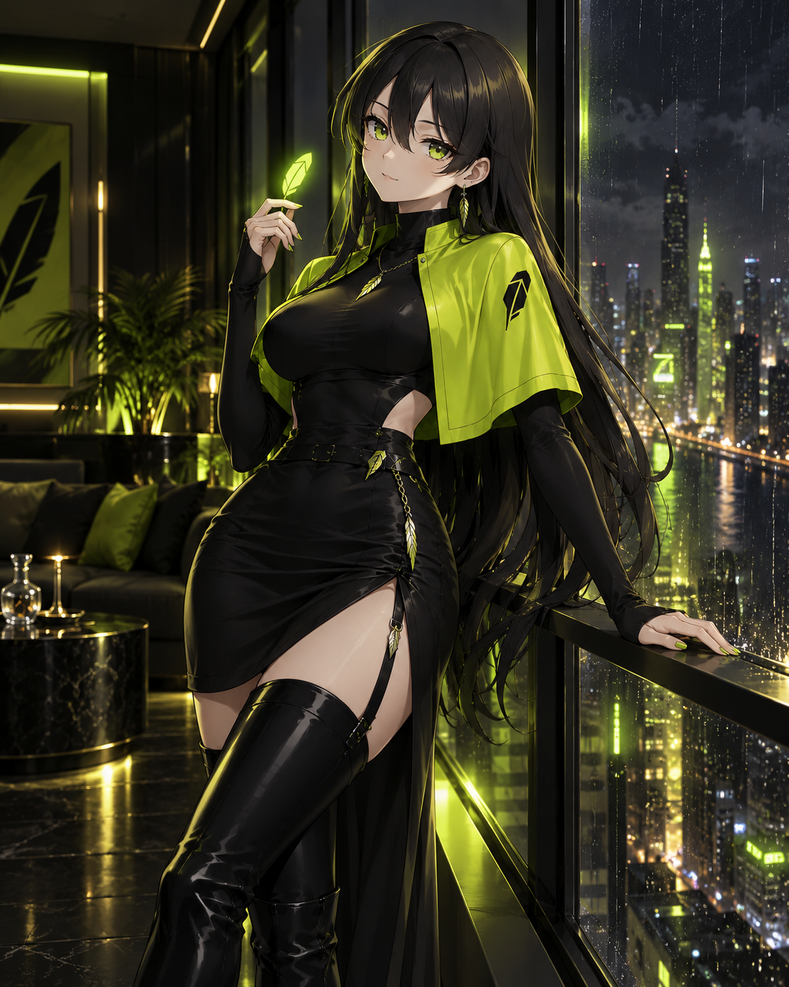 Robinhood-chan holding a glowing feather over the night city