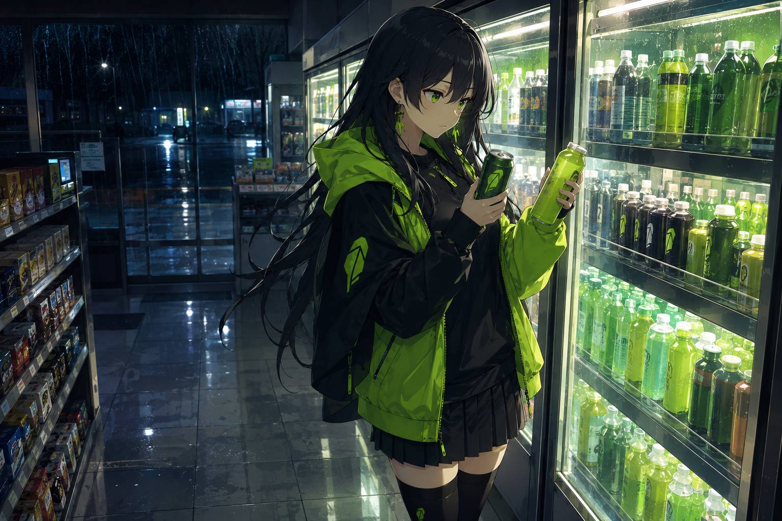 Robinhood-chan choosing a green drink at a late-night store