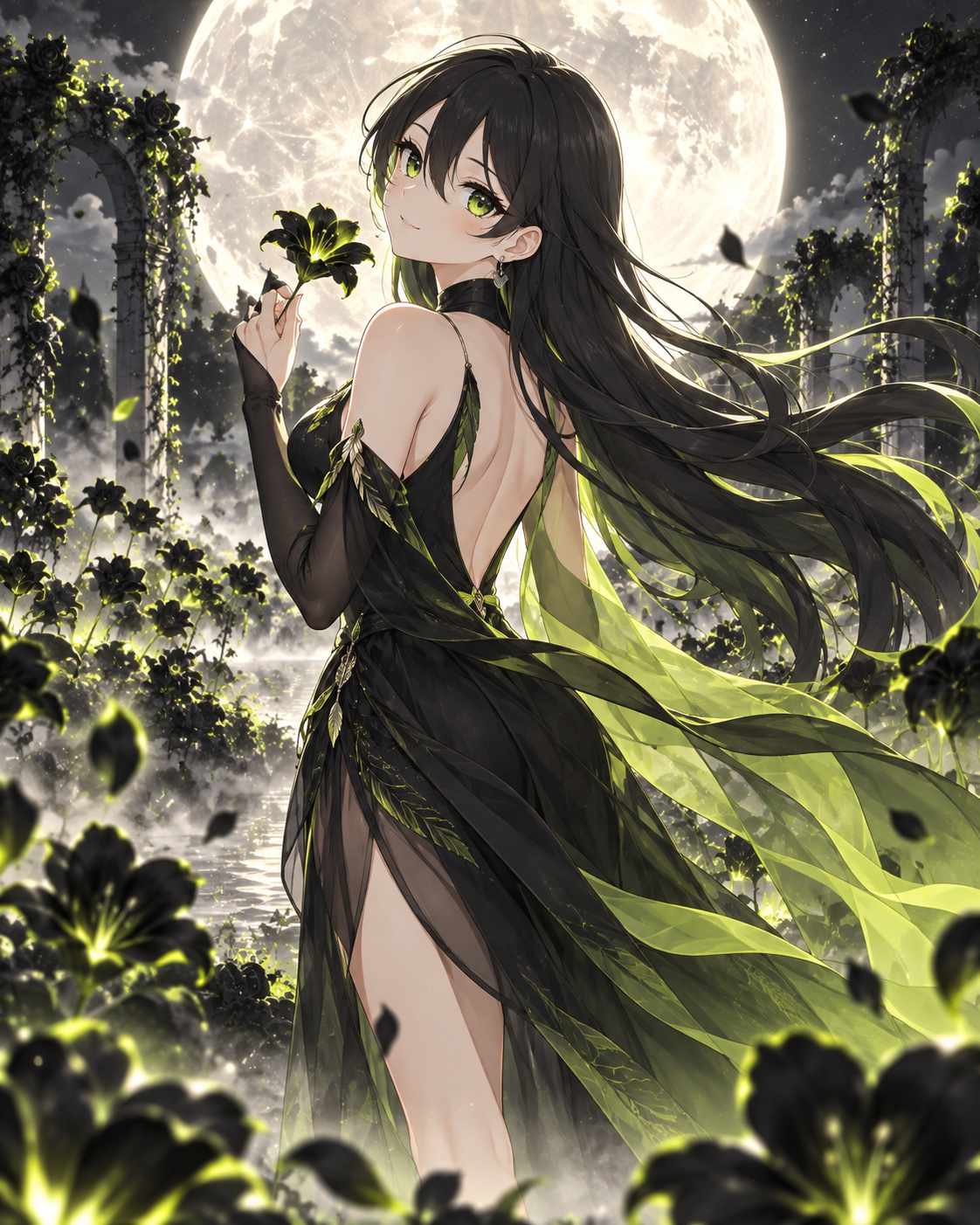 Robinhood-chan holding a glowing lily in a moonlit garden