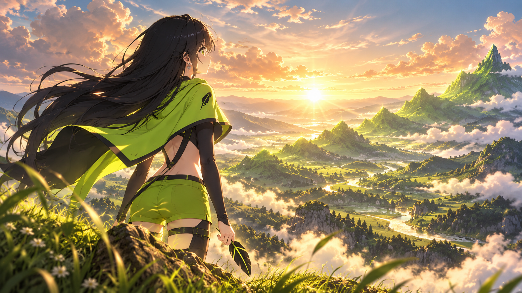 Robinhood-chan overlooking a green valley at sunrise