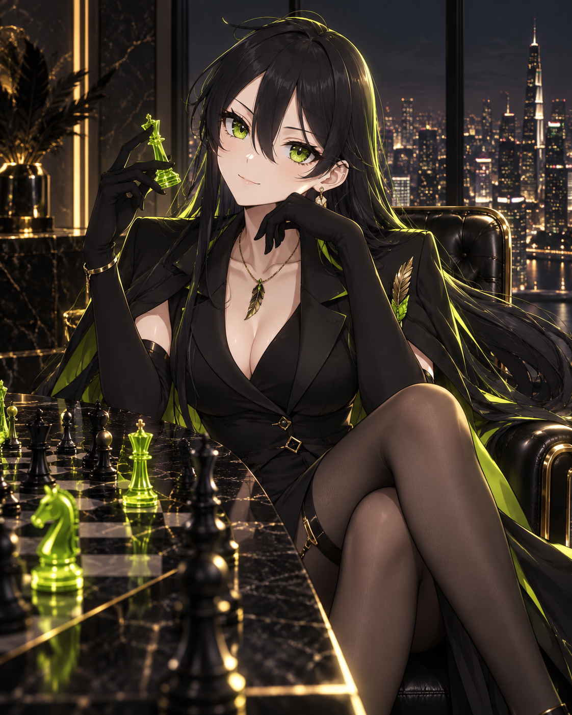 Robinhood-chan playing chess with glowing green pieces in a luxury suite