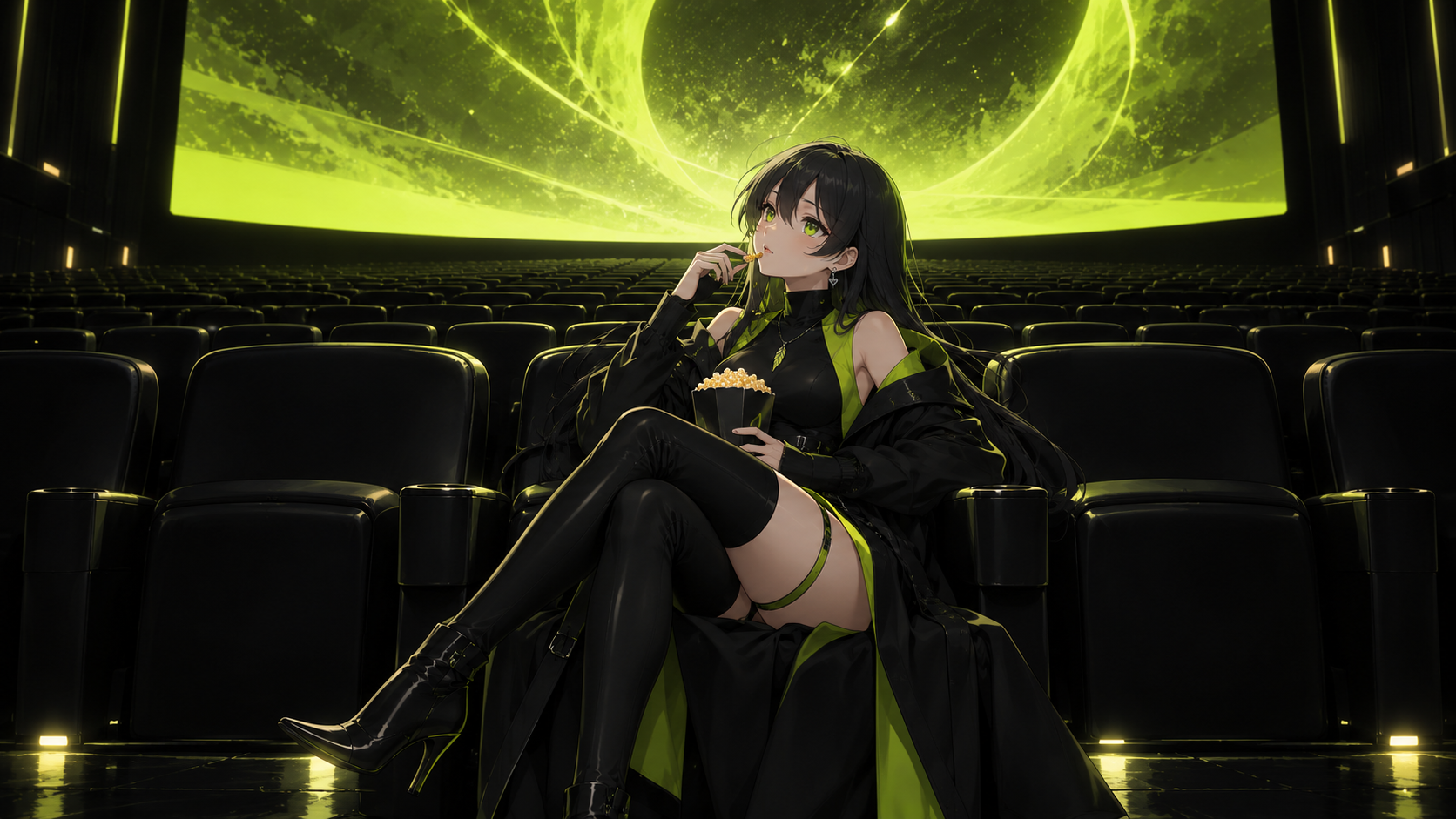 Robinhood-chan eating popcorn in an empty cinema