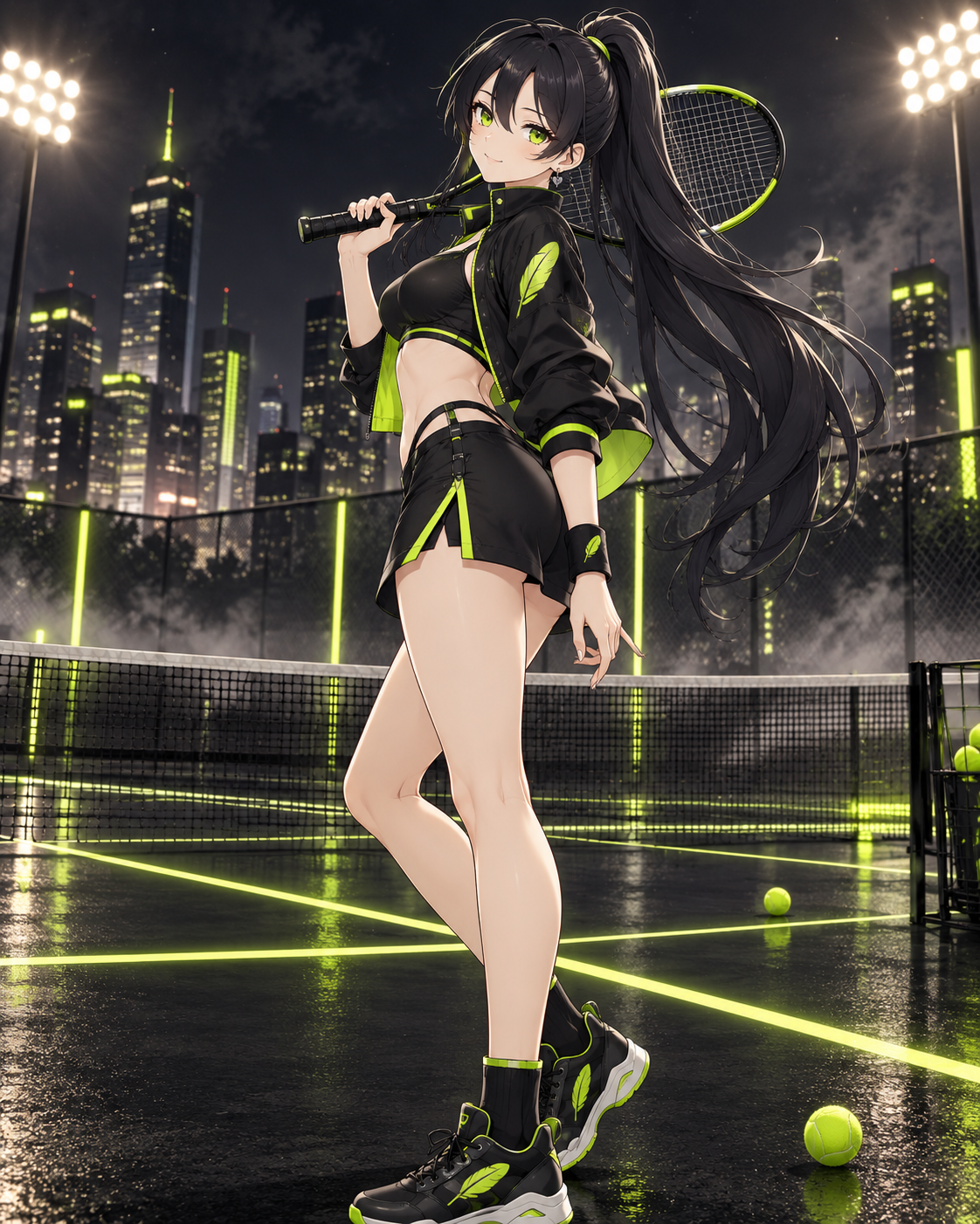 Robinhood-chan on a neon-lit tennis court at night