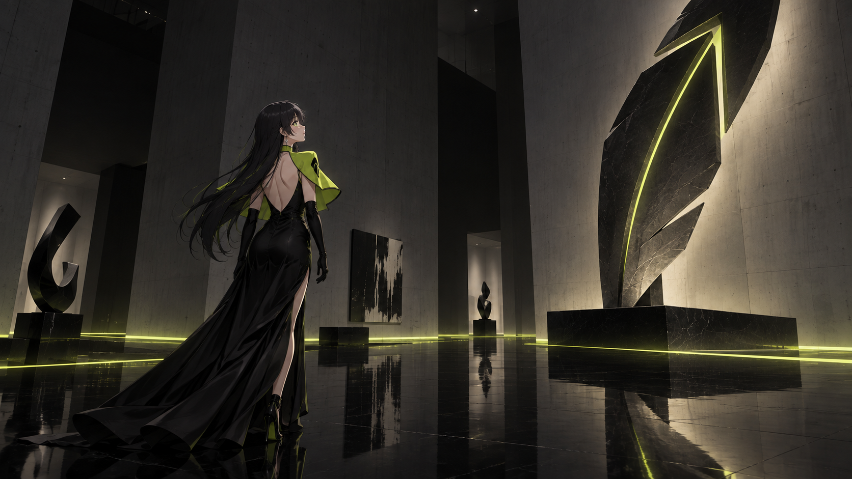 Robinhood-chan in a marble hall beneath a giant feather sculpture