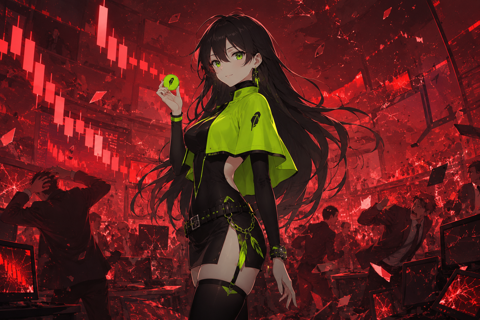 Robinhood-chan standing calm in a red trading-floor meltdown
