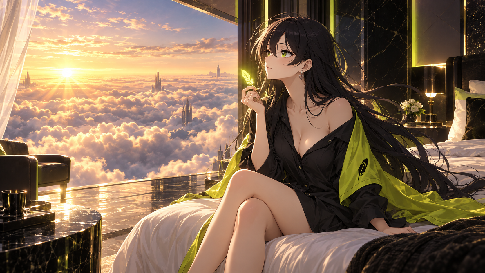 Robinhood-chan waking up above a sea of clouds at sunrise
