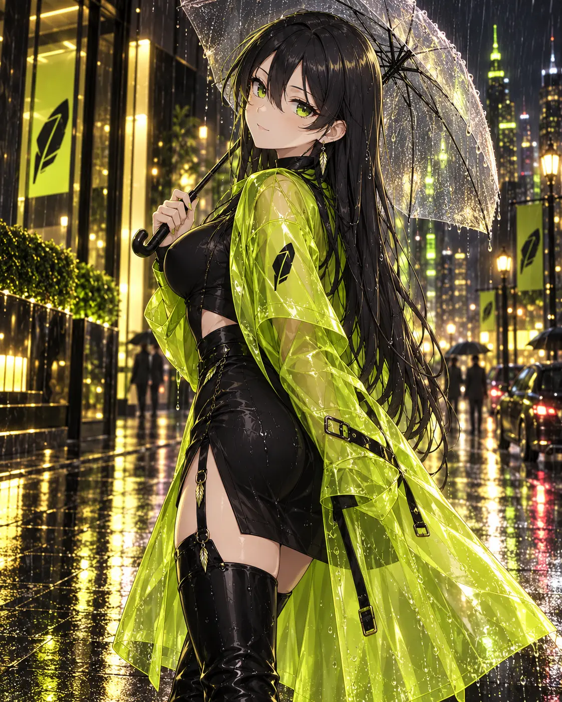 Robinhood-chan under a clear umbrella in neon rain