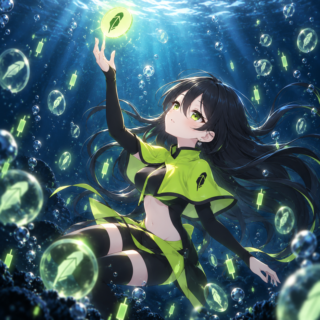 Robinhood-chan underwater reaching for a glowing coin