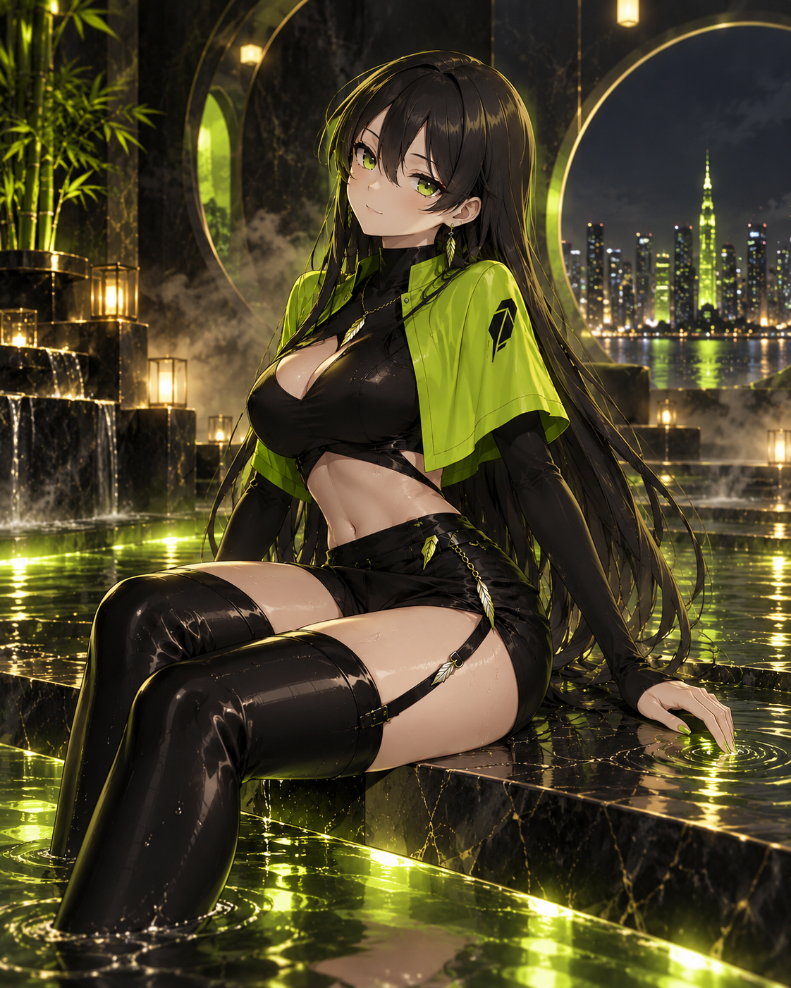 Robinhood-chan resting by green-lit waters