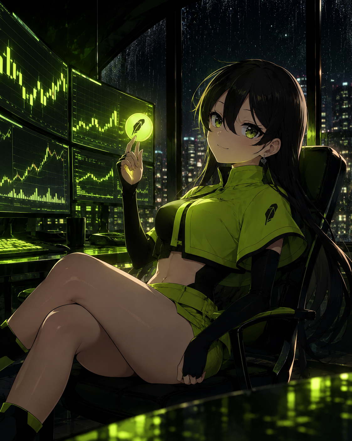 Robinhood-chan spinning a glowing coin in the trading lair