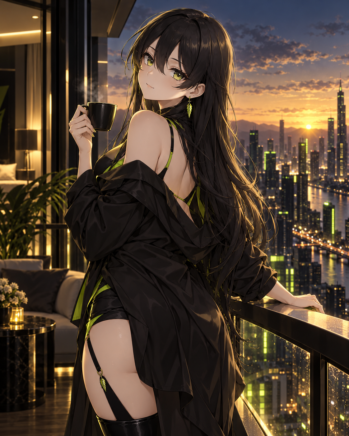 Robinhood-chan at sunrise with coffee on the balcony