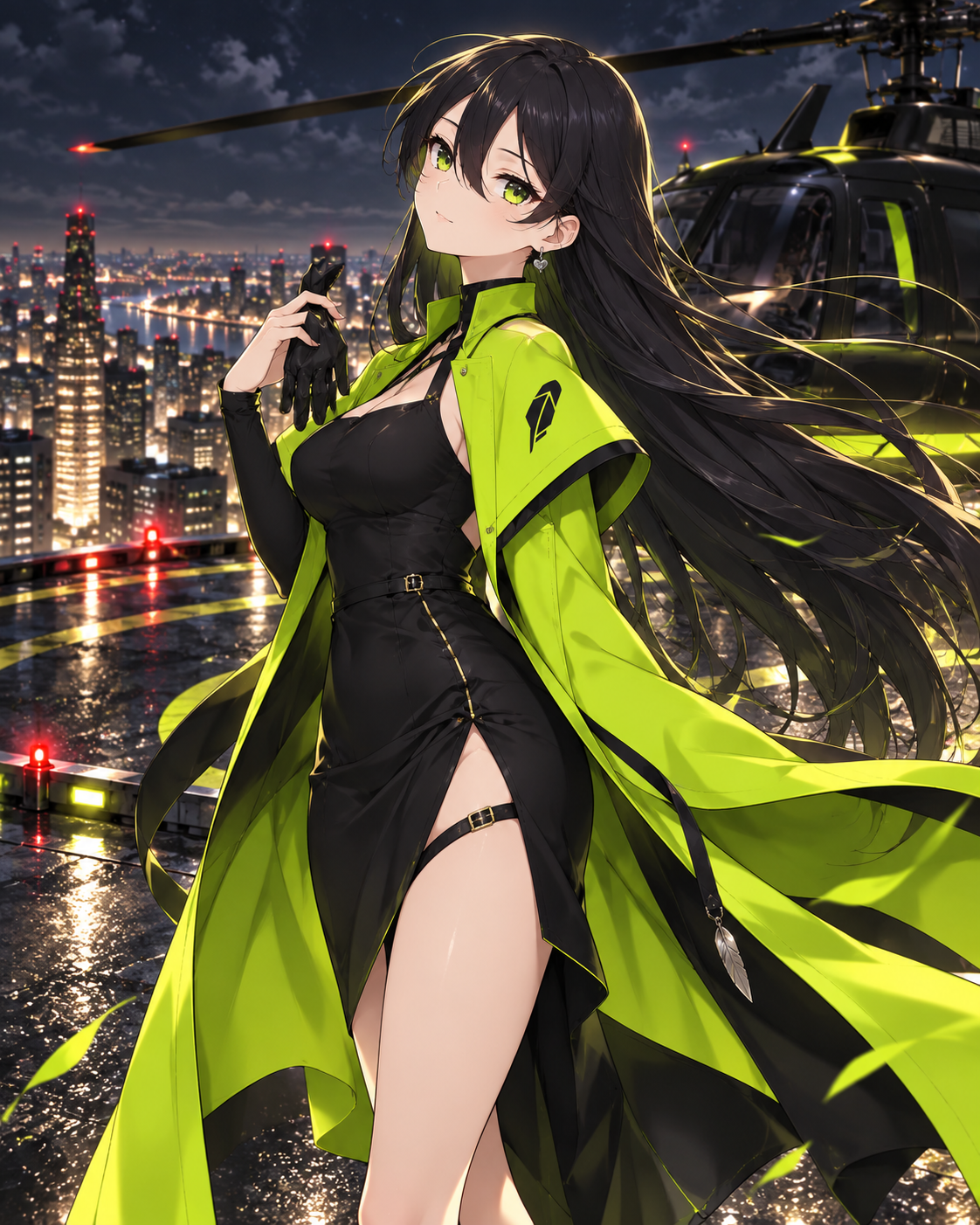 Robinhood-chan on a rooftop helipad at night with a helicopter and city skyline