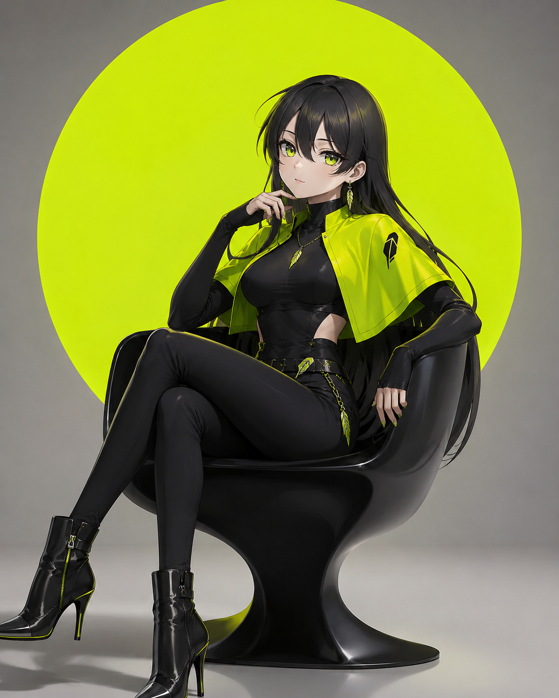 Robinhood-chan seated on a sculptural chair against a green disc