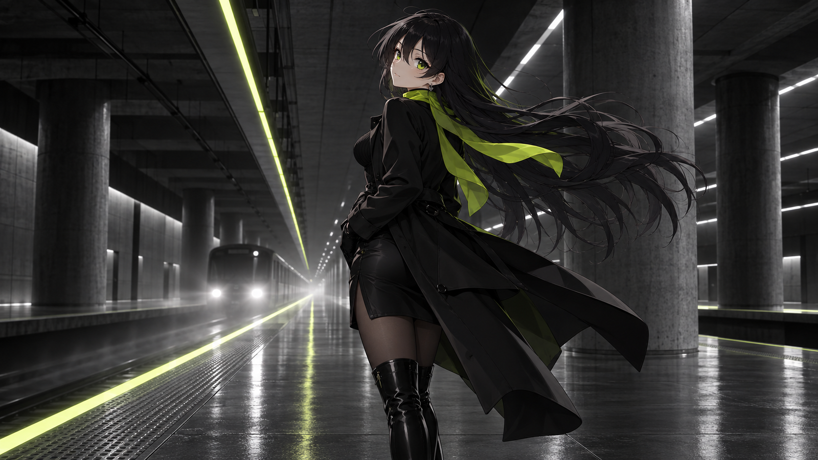 Robinhood-chan waiting on a neon subway platform
