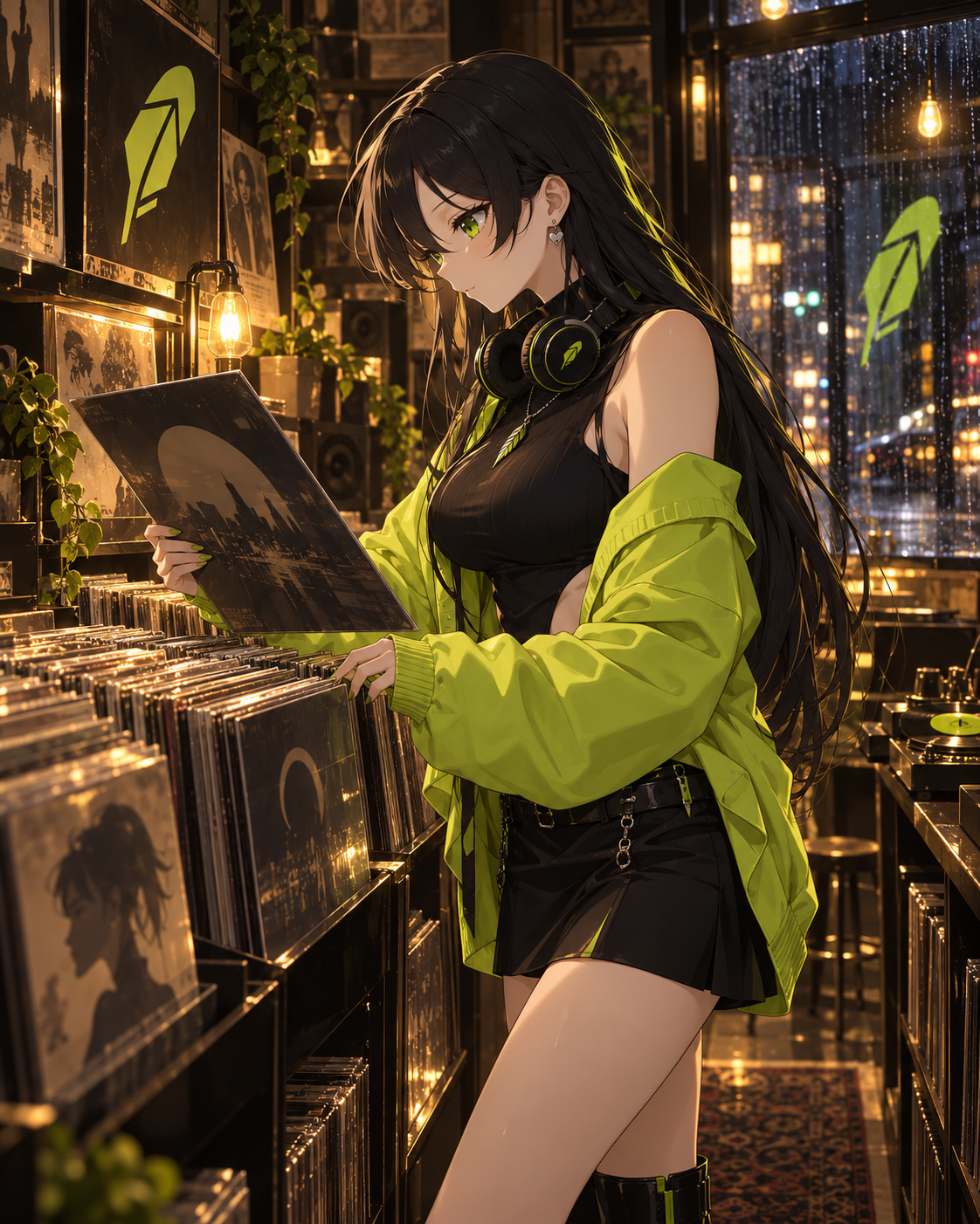 Robinhood-chan browsing vinyl records in a warm record shop