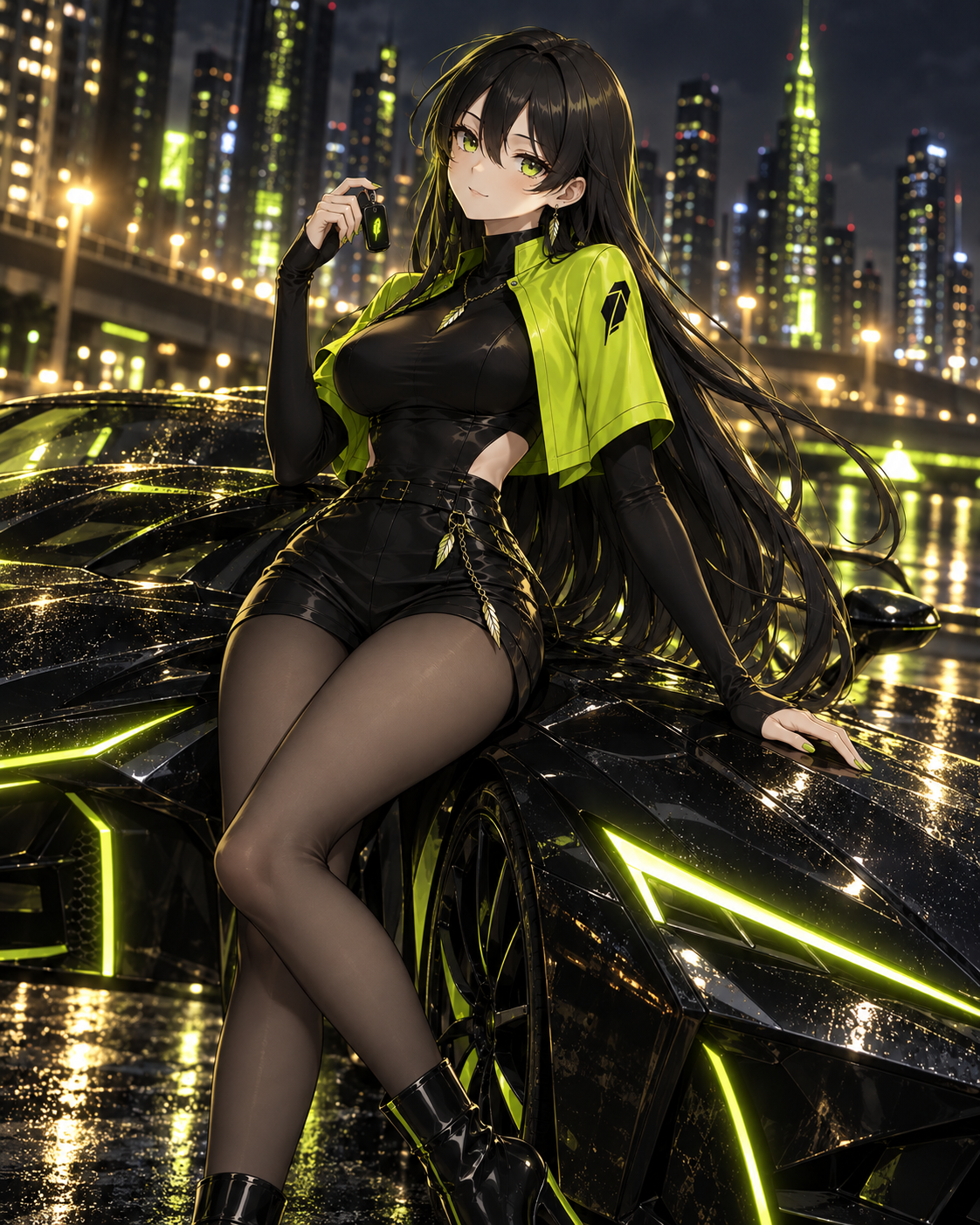 Robinhood-chan leaning on a black supercar with green trim