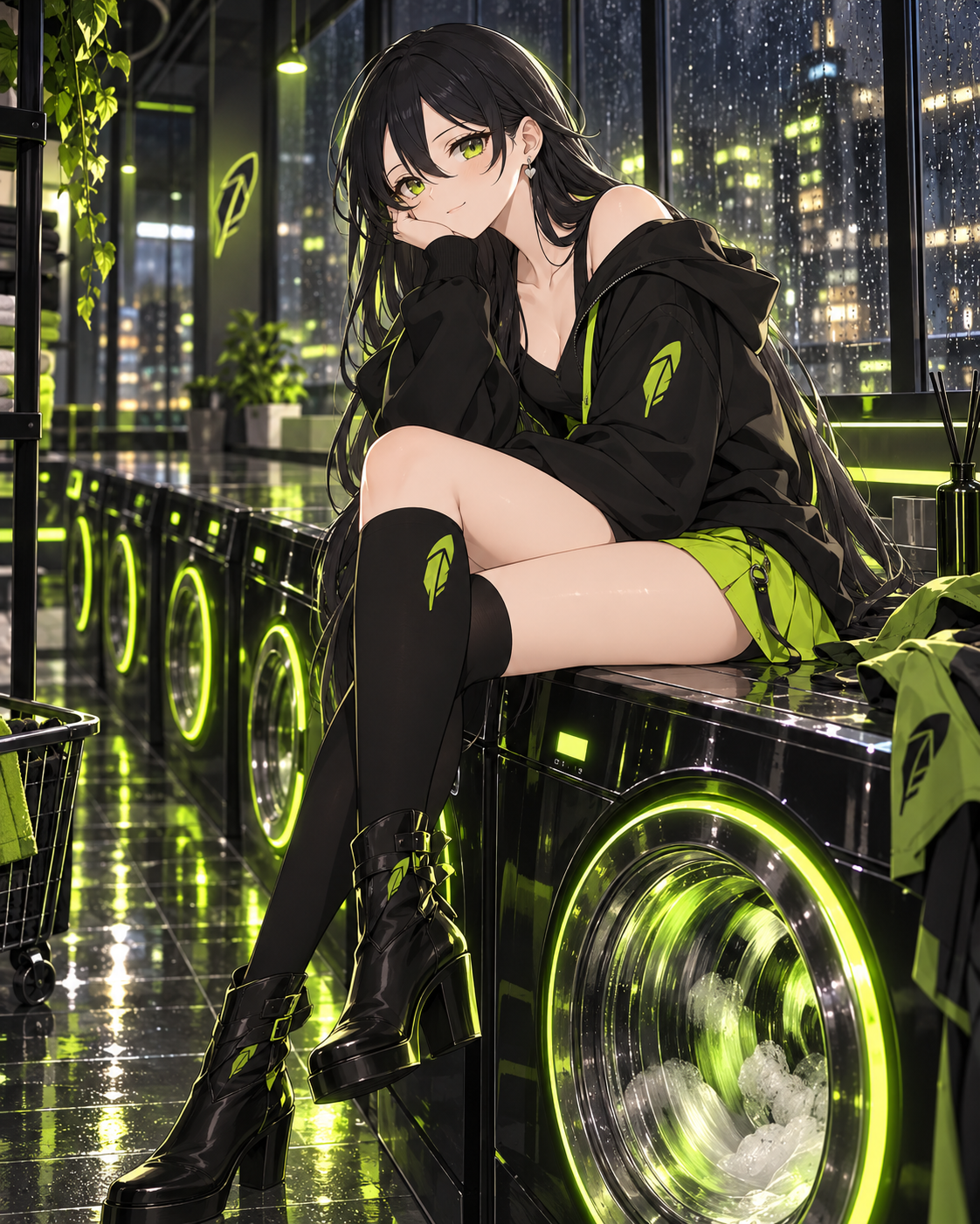Robinhood-chan sitting on a neon-lit laundromat machine at night
