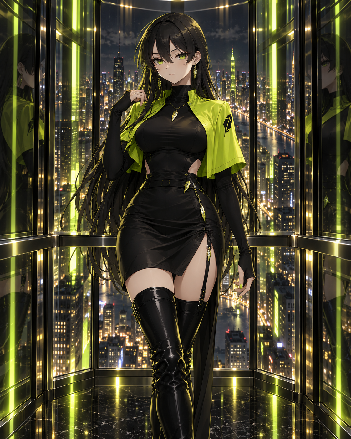 Robinhood-chan in a glass elevator over the city lights