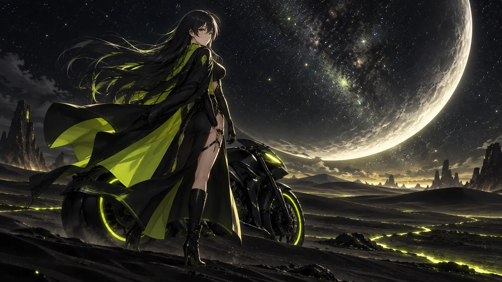 Robinhood-chan beside a motorcycle under a giant moon