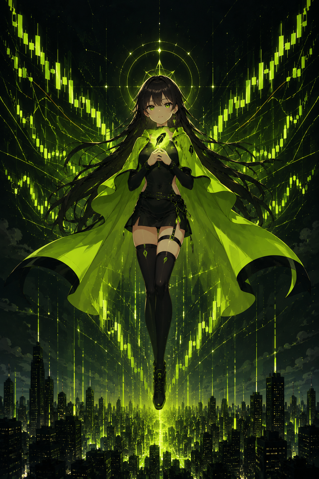 Robinhood-chan floating above a city of green candles